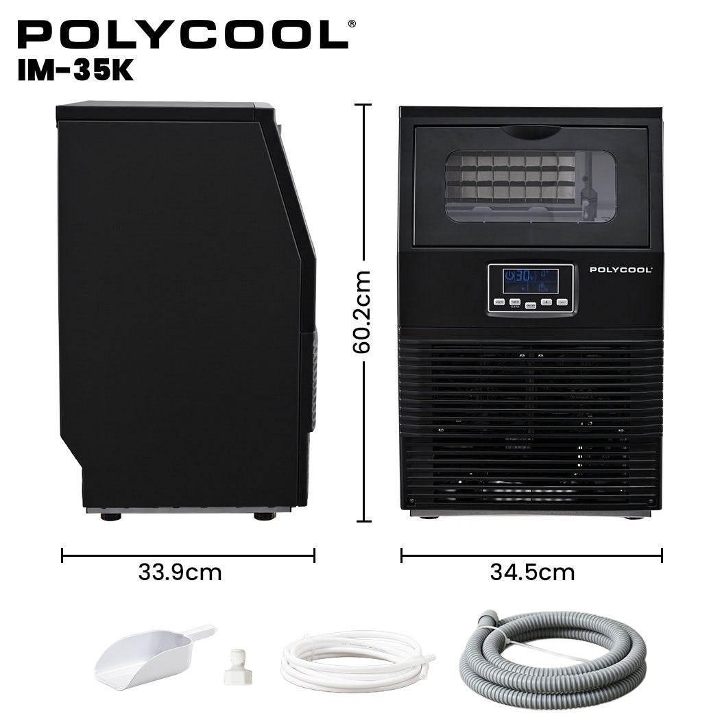 POLYCOOL Commercial Ice Maker Machine, up to 35kg/24hr, Timer & Self Cleaning Programs Polycool