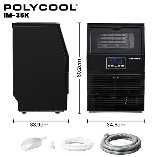 POLYCOOL Commercial Ice Maker Machine, up to 35kg/24hr, Timer & Self Cleaning Programs Polycool