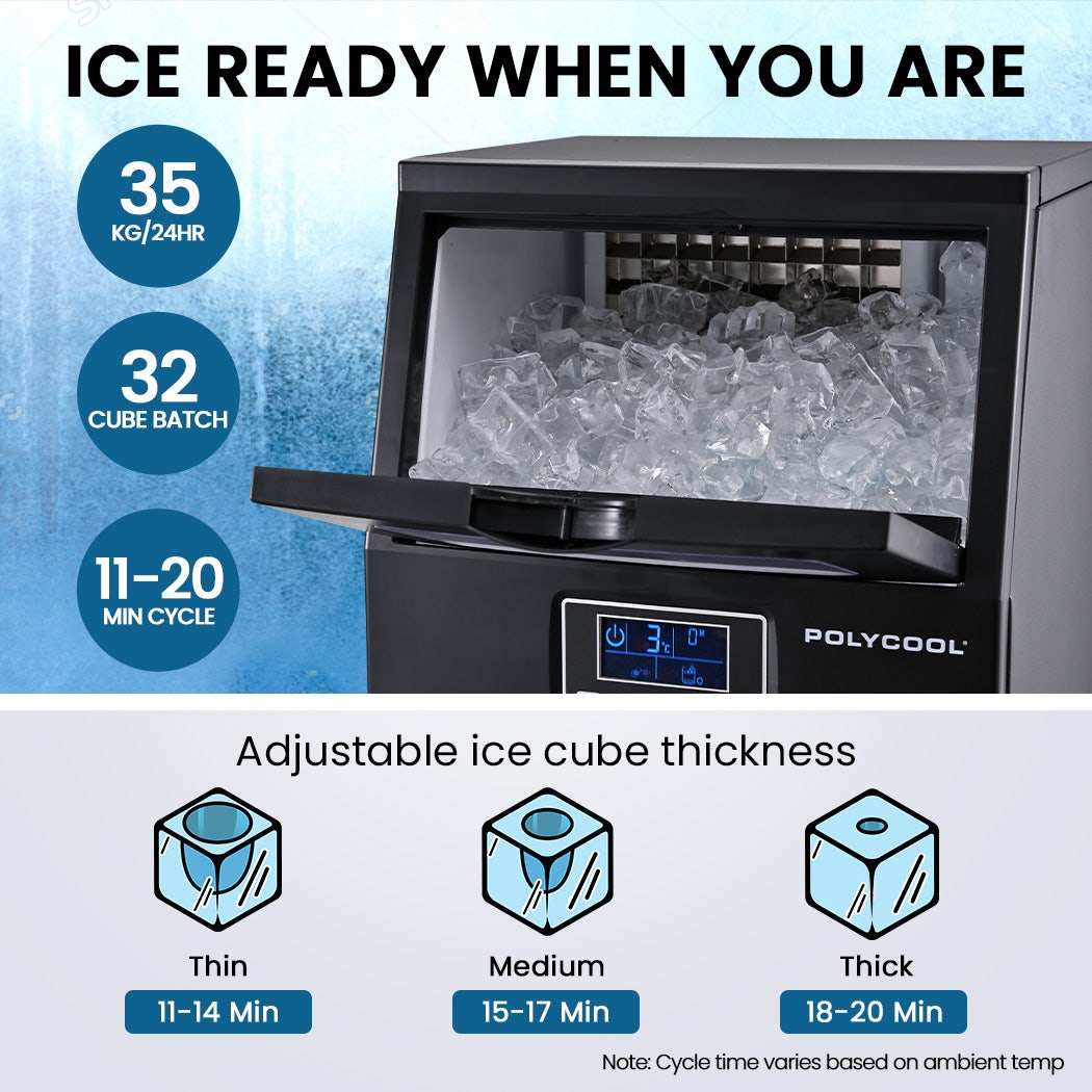 POLYCOOL Commercial Ice Maker Machine, up to 35kg/24hr, Timer & Self Cleaning Programs Polycool