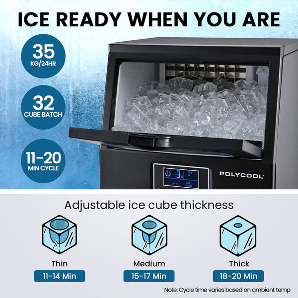 POLYCOOL Commercial Ice Maker Machine, up to 35kg/24hr, Timer & Self Cleaning Programs Polycool