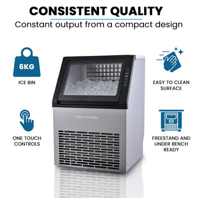 POLYCOOL Commercial Ice Maker Machine, up to 45kg/24hr, Timer & Self Cleaning Programs