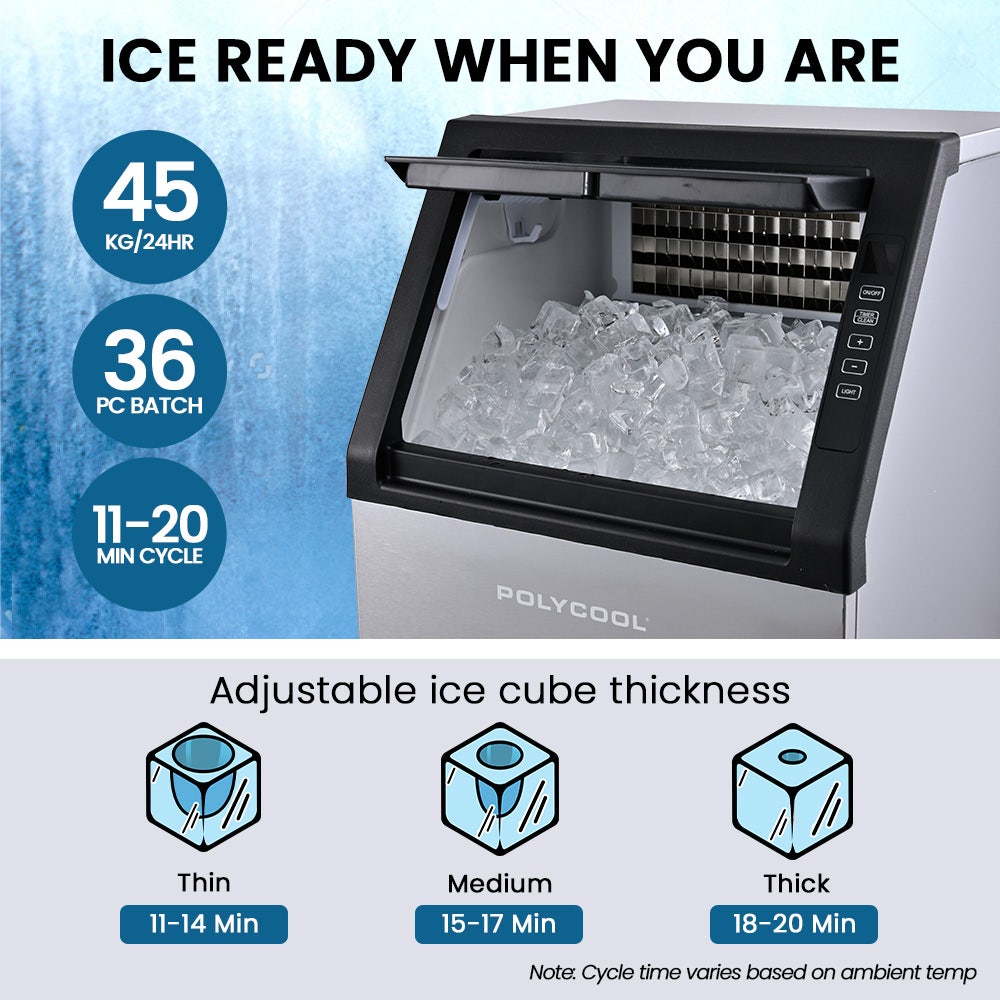 POLYCOOL Commercial Ice Maker Machine, up to 45kg/24hr, Timer & Self Cleaning Programs Polycool