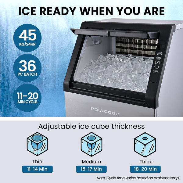 POLYCOOL Commercial Ice Maker Machine, up to 45kg/24hr, Timer & Self Cleaning Programs Polycool