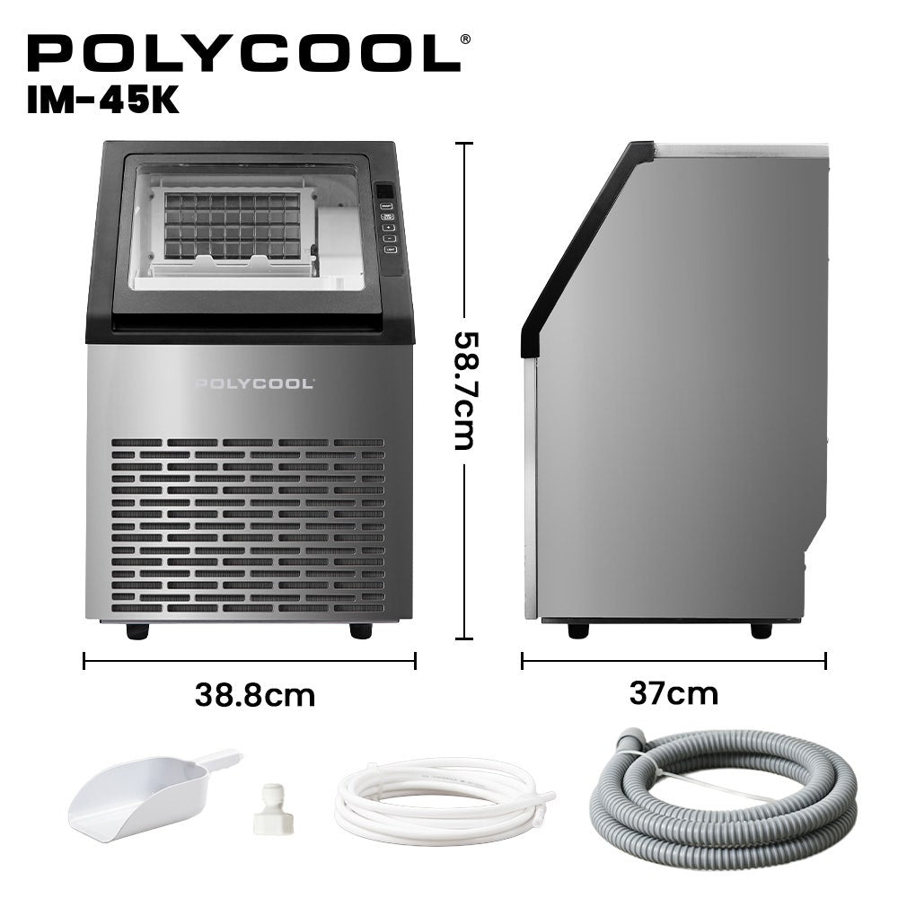 POLYCOOL Commercial Ice Maker Machine, up to 45kg/24hr, Timer & Self Cleaning Programs Polycool