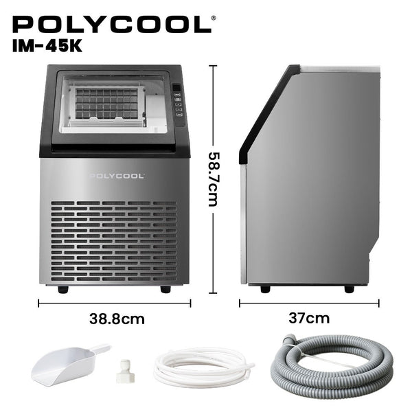 POLYCOOL Commercial Ice Maker Machine, up to 45kg/24hr, Timer & Self Cleaning Programs Polycool