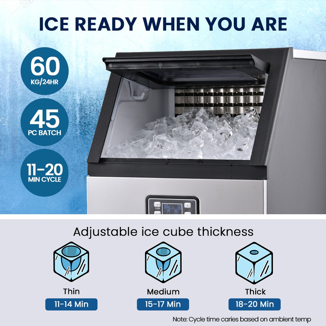 POLYCOOL Commercial Ice Maker Machine, up to 60kg/24hr, Timer & Self Cleaning Programs Awezingly