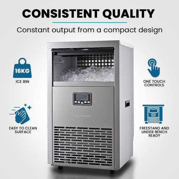 POLYCOOL Commercial Ice Maker Machine, up to 75kg/24hr, Timer & Self Cleaning Programs Polycool