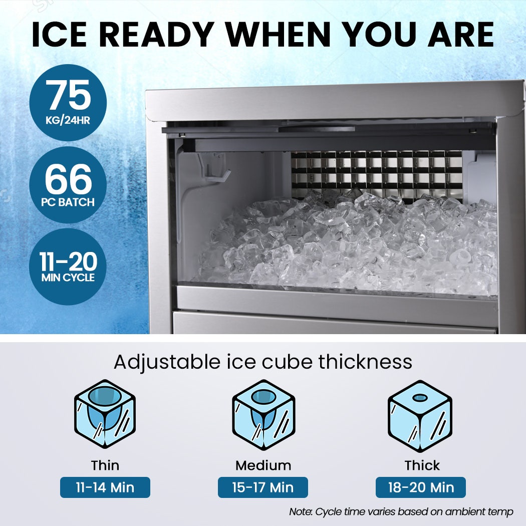 POLYCOOL Commercial Ice Maker Machine, up to 75kg/24hr, Timer & Self Cleaning Programs Polycool