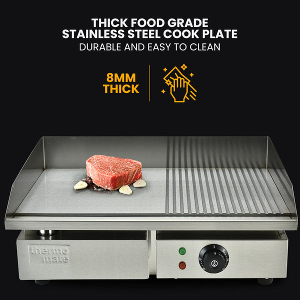 THERMOMATE Electric Griddle Commercial Stainless Steel 2200W BBQ Grill Pan Hot Plate Large Thermomate