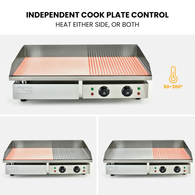 THERMOMATE Commercial Electric Griddle TH-G06, 4400W 73x40cm Half Ribbed Dual Surface Thermomate