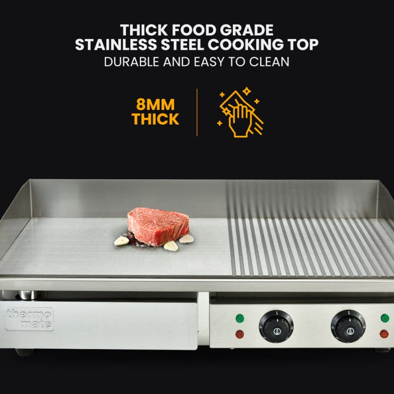 THERMOMATE Commercial Electric Griddle TH-G06, 4400W 73x40cm Half Ribbed Dual Surface Thermomate