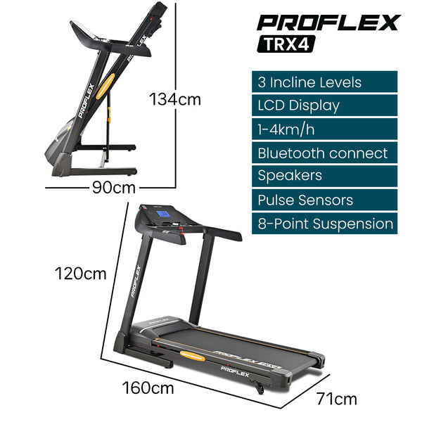 PROFLEX TRX4 Electric Treadmill, Medium Size, Foldable, Suspension, Bluetooth, USB/MP3, Pulse Sensors, Fitness Tracker Awezingly