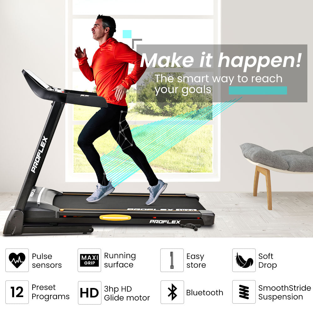 PROFLEX TRX4 Electric Treadmill, Medium Size, Foldable, Suspension, Bluetooth, USB/MP3, Pulse Sensors, Fitness Tracker Awezingly