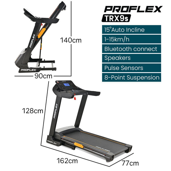 Proflex TRX9s Electric Treadmill, Large Size, 450mm Belt, 10-inch display, Foldable, Suspension, Auto Incline, WiFi, Bluetooth, Pulse Sensors Awezingly