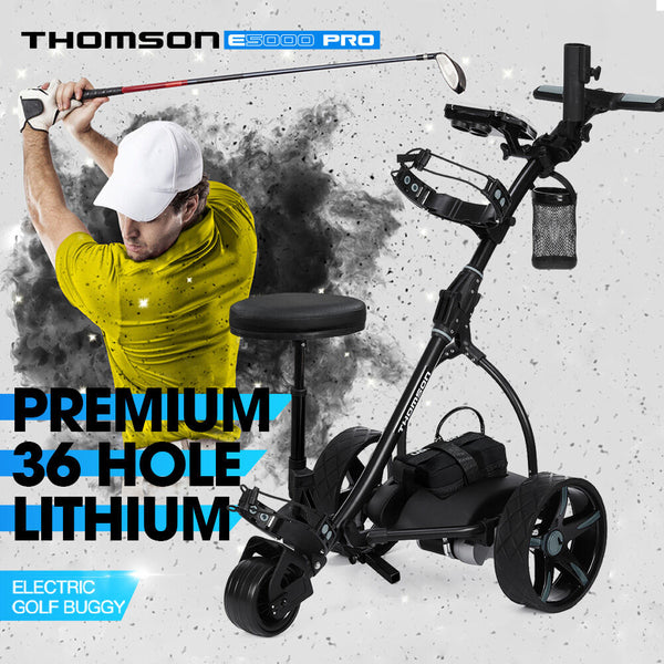 THOMSON E5000 Pro Lithium Golf Buggy, 36 Hole, Only 12kg, Easy Fold, Electric Motorised Buggy Trolley Cart w/ Seat, Black Does Not Apply