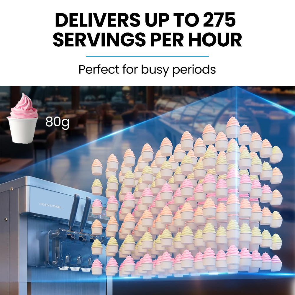 POLYCOOL Benchtop Soft Serve Ice Cream Machine, 3 Flavours, 2+Twist, Frozen Yoghurt, Acai Maker, Twin Cylinder, Counter Top Design, 15A Plug Polycool
