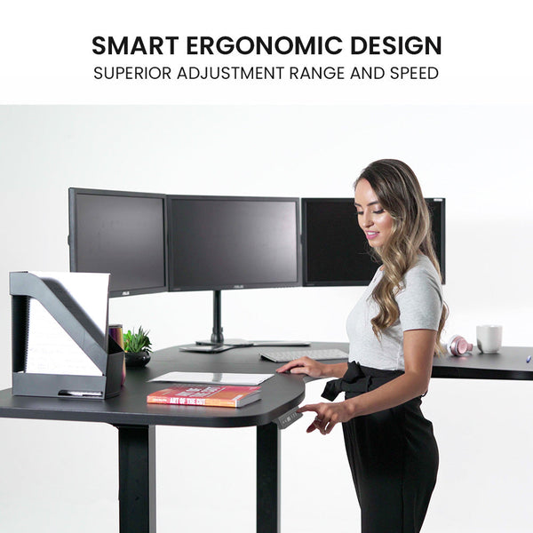 FORTIA Corner Standing Desk, 1730W x 1730W x 750D, 3 Motors, 120kg Load, Sit to Stand Up Electric Height Adjustable, Black/Black Frame Fortia