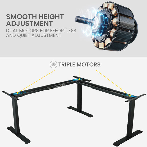 FORTIA Corner Standing Desk, 1730W x 1730W x 750D, 3 Motors, 120kg Load, Sit to Stand Up Electric Height Adjustable, Black/Black Frame Fortia