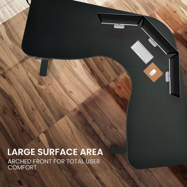 FORTIA Corner Standing Desk, 1730W x 1730W x 750D, 3 Motors, 120kg Load, Sit to Stand Up Electric Height Adjustable, Black/Black Frame Fortia