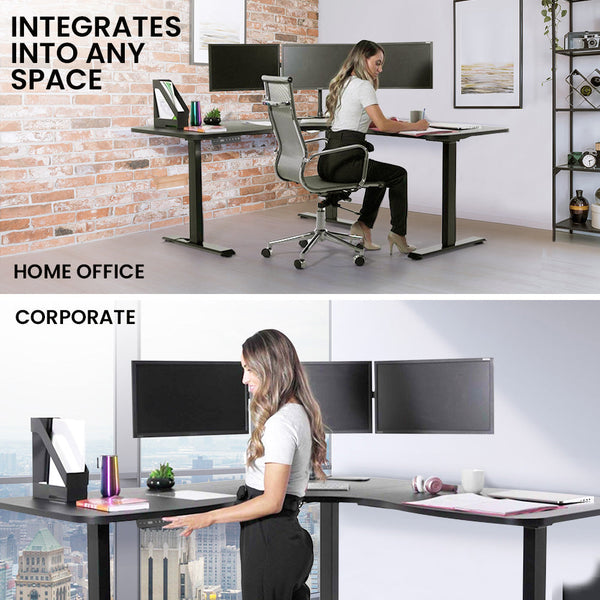 FORTIA Corner Standing Desk, 1730W x 1730W x 750D, 3 Motors, 120kg Load, Sit to Stand Up Electric Height Adjustable, Black/Black Frame Fortia