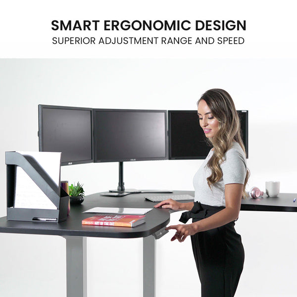 Fortia Corner Standing Desk, 1730W x 1730W x 750D, 3 Motors, 120kg Load, Sit to Stand Up Electric Height Adjustable, Black/Silver Frame Fortia