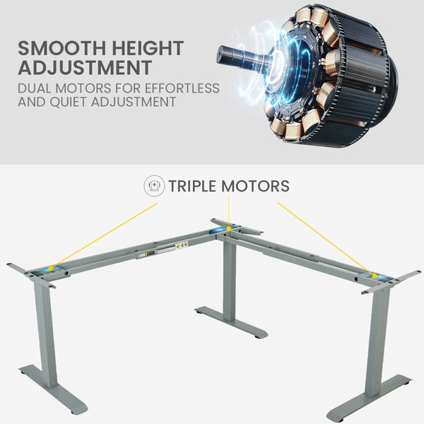 Fortia Corner Standing Desk, 1730W x 1730W x 750D, 3 Motors, 120kg Load, Sit to Stand Up Electric Height Adjustable, Black/Silver Frame Fortia