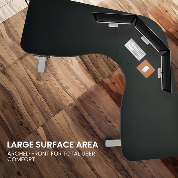 Fortia Corner Standing Desk, 1730W x 1730W x 750D, 3 Motors, 120kg Load, Sit to Stand Up Electric Height Adjustable, Black/Silver Frame Fortia