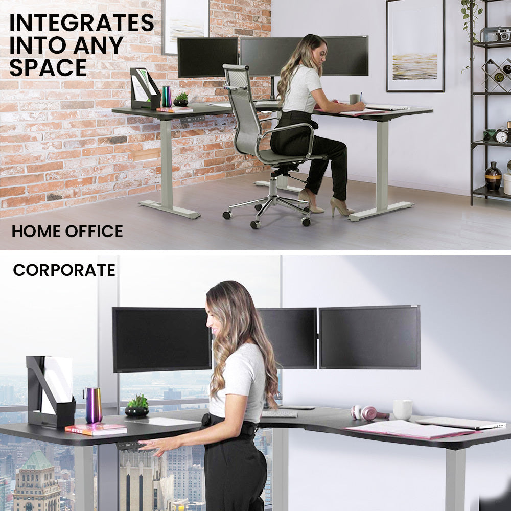Fortia Corner Standing Desk, 1730W x 1730W x 750D, 3 Motors, 120kg Load, Sit to Stand Up Electric Height Adjustable, Black/Silver Frame Fortia