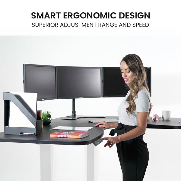 Fortia Corner Standing Desk, 1730W x 1730W x 750D, 3 Motors, 120kg Load, Sit to Stand Up Electric Height Adjustable, Black/White Frame Fortia