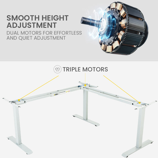 Fortia Corner Standing Desk, 1730W x 1730W x 750D, 3 Motors, 120kg Load, Sit to Stand Up Electric Height Adjustable, Black/White Frame Fortia