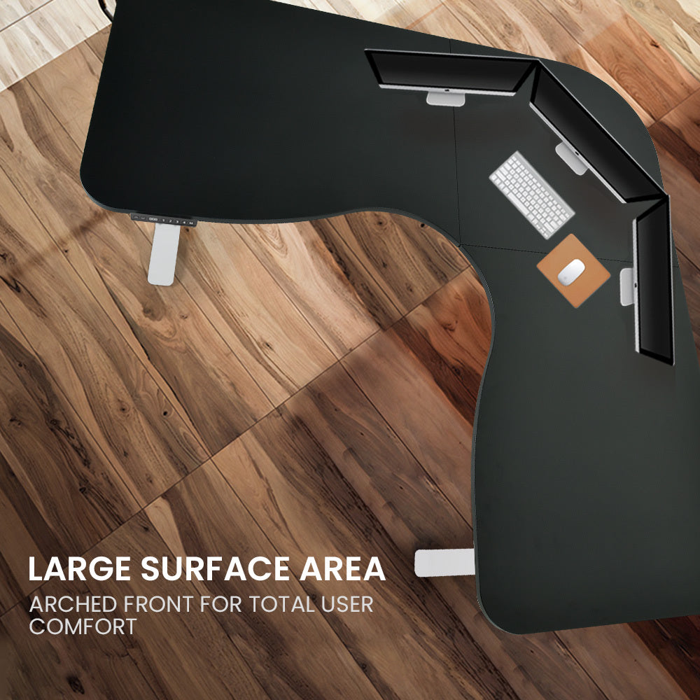 Fortia Corner Standing Desk, 1730W x 1730W x 750D, 3 Motors, 120kg Load, Sit to Stand Up Electric Height Adjustable, Black/White Frame Fortia