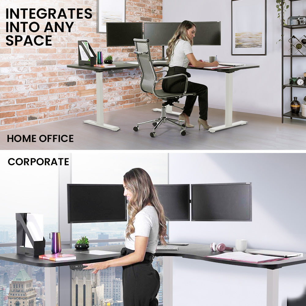 Fortia Corner Standing Desk, 1730W x 1730W x 750D, 3 Motors, 120kg Load, Sit to Stand Up Electric Height Adjustable, Black/White Frame Fortia