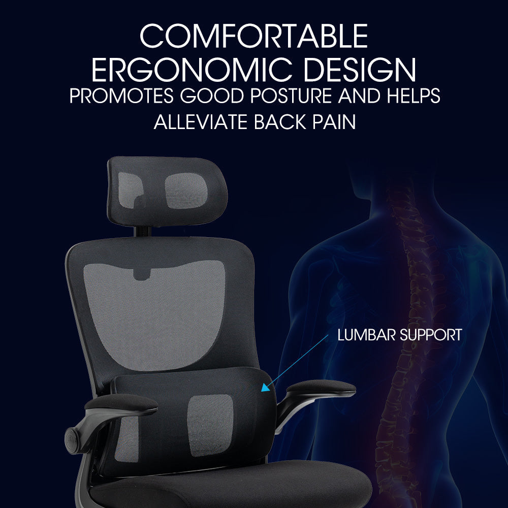 FORTIA Ergonomic Office Desk Chair, Lumbar Support, Mesh Fabric, Adjustable Headrest, Retractable Armrests, Black Fortia