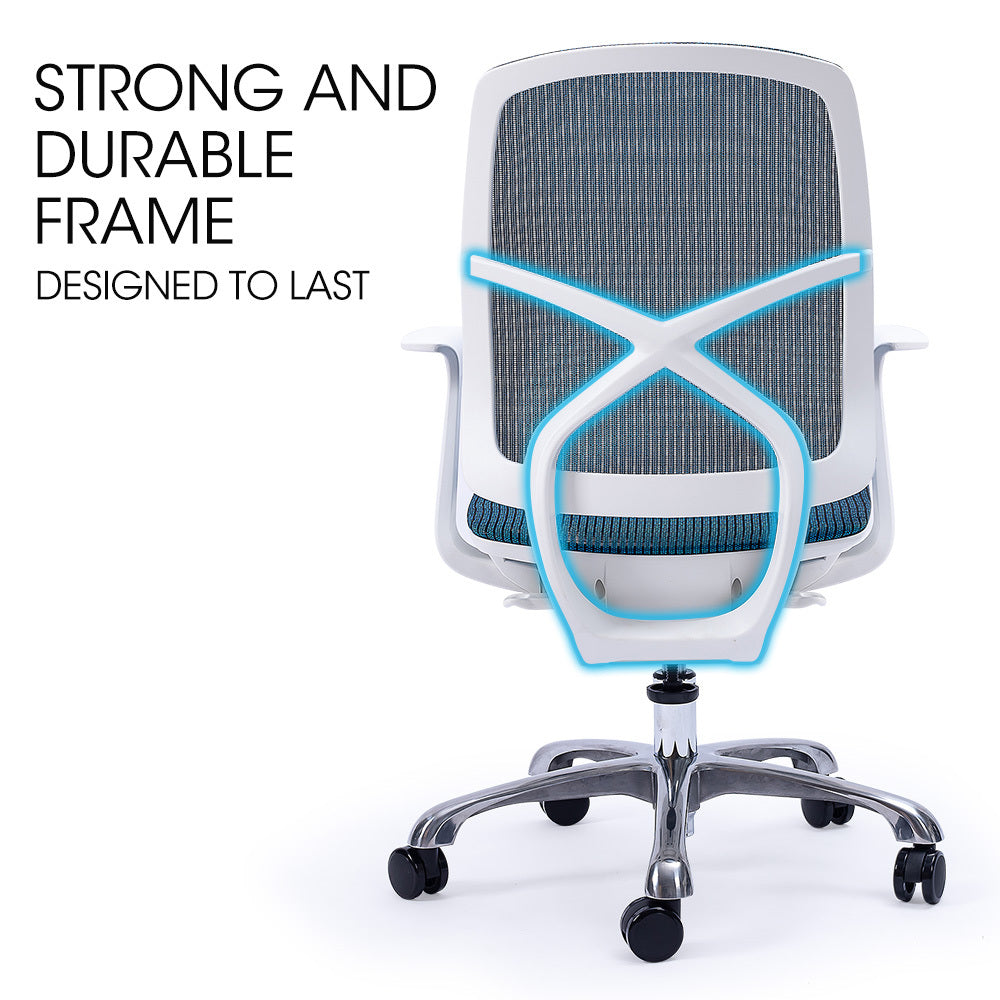 FORTIA Ergonomic Office Desk Chair, Coolmesh Fabric, Adjustable Recline, Blue Mesh/White Frame Fortia