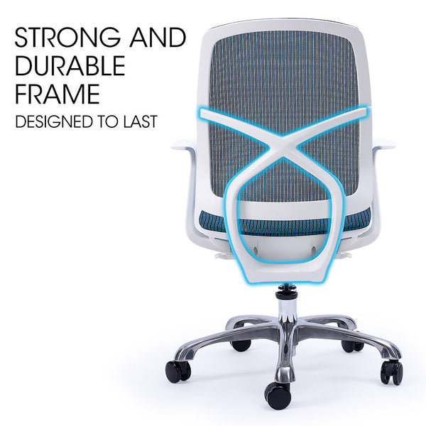 FORTIA Ergonomic Office Desk Chair, Coolmesh Fabric, Adjustable Recline, Blue Mesh/White Frame Fortia