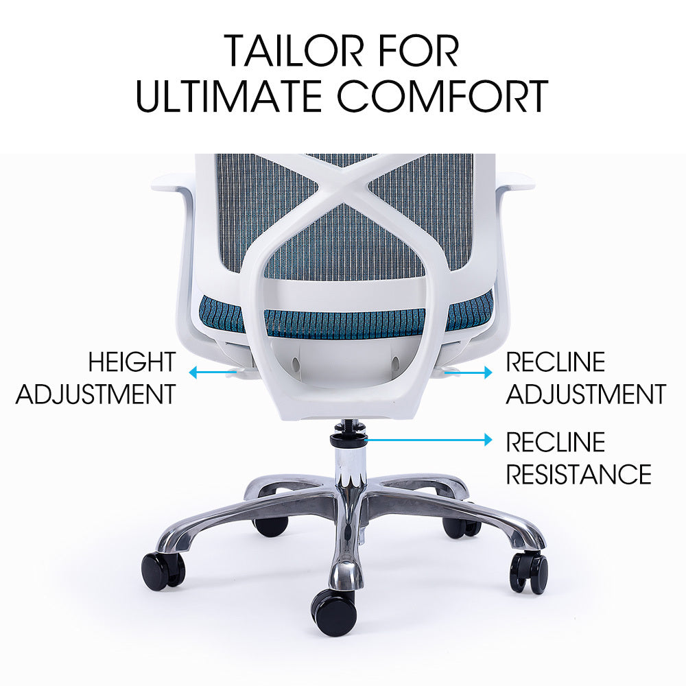 FORTIA Ergonomic Office Desk Chair, Coolmesh Fabric, Adjustable Recline, Blue Mesh/White Frame Fortia