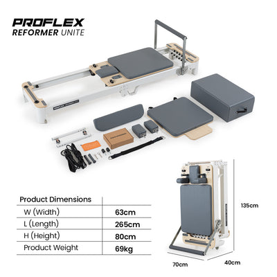 PROFLEX Aluminium Pilates Reformer Machine, Stretch Bed with box and jump board accessories