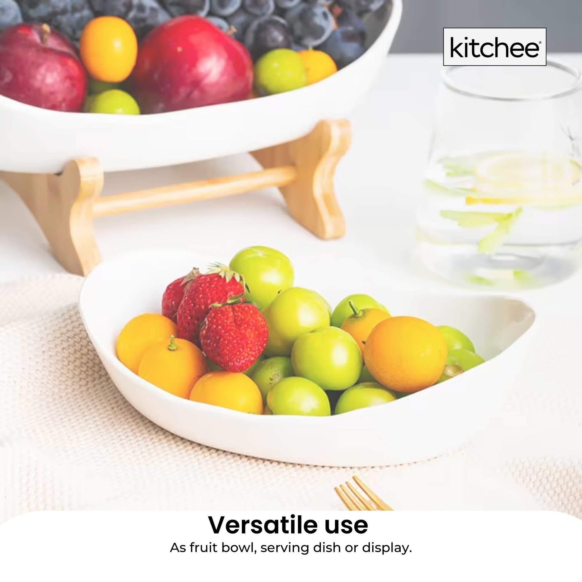 3 Tier Porcelain Fruit Bowl - Ceramic Vegetable Storage With Bamboo Stand Does Not Apply