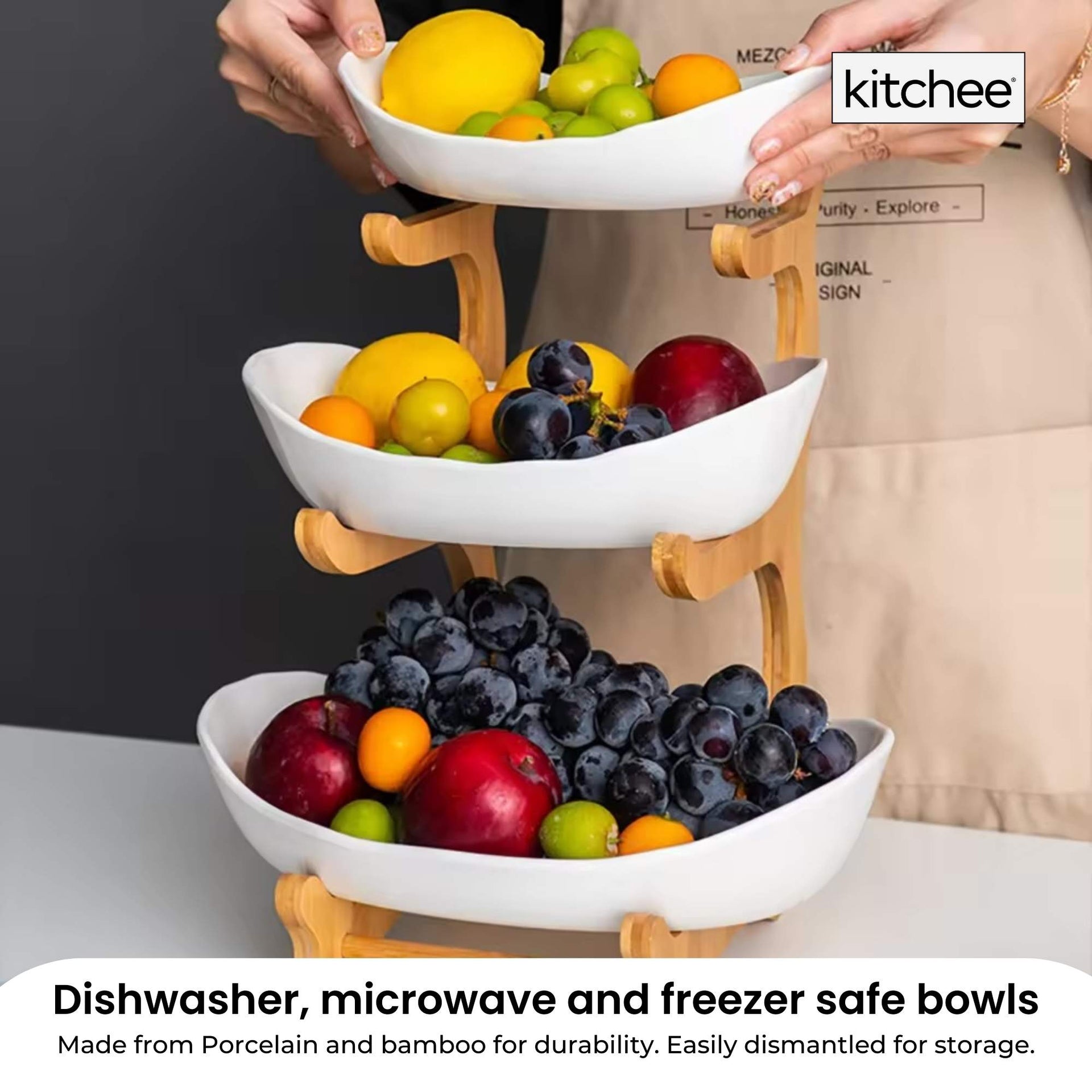 3 Tier Porcelain Fruit Bowl - Ceramic Vegetable Storage With Bamboo Stand Does Not Apply