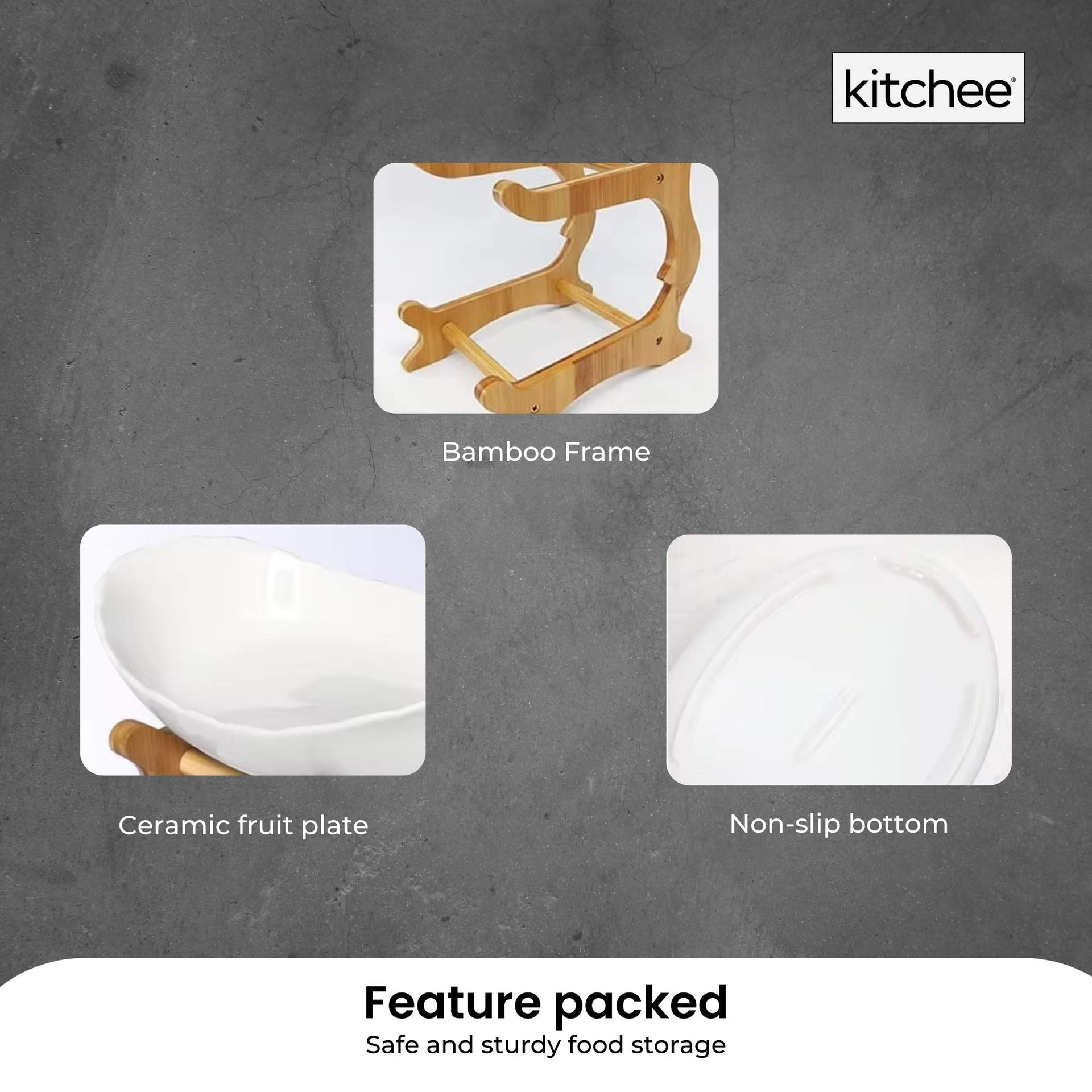 3 Tier Porcelain Fruit Bowl - Ceramic Vegetable Storage With Bamboo Stand Does Not Apply