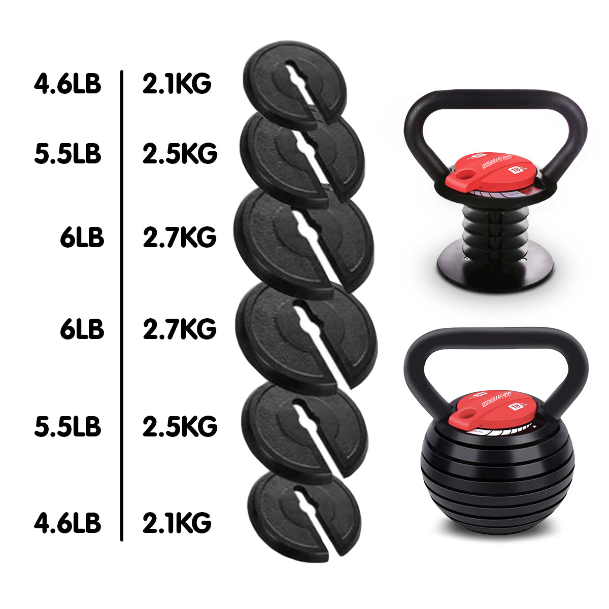 Powertrain 2x Adjustable Kettlebells Weights Dumbbell 18kg Powertrain