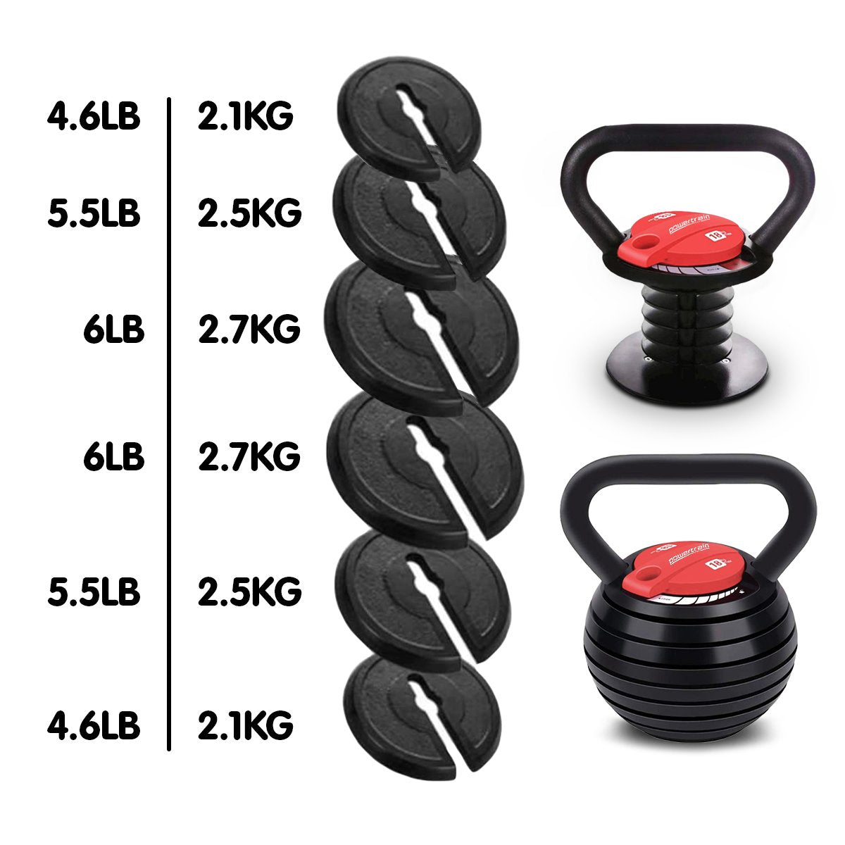 Powertrain Adjustable Kettle Bell Weights Dumbbell 18kg Powertrain