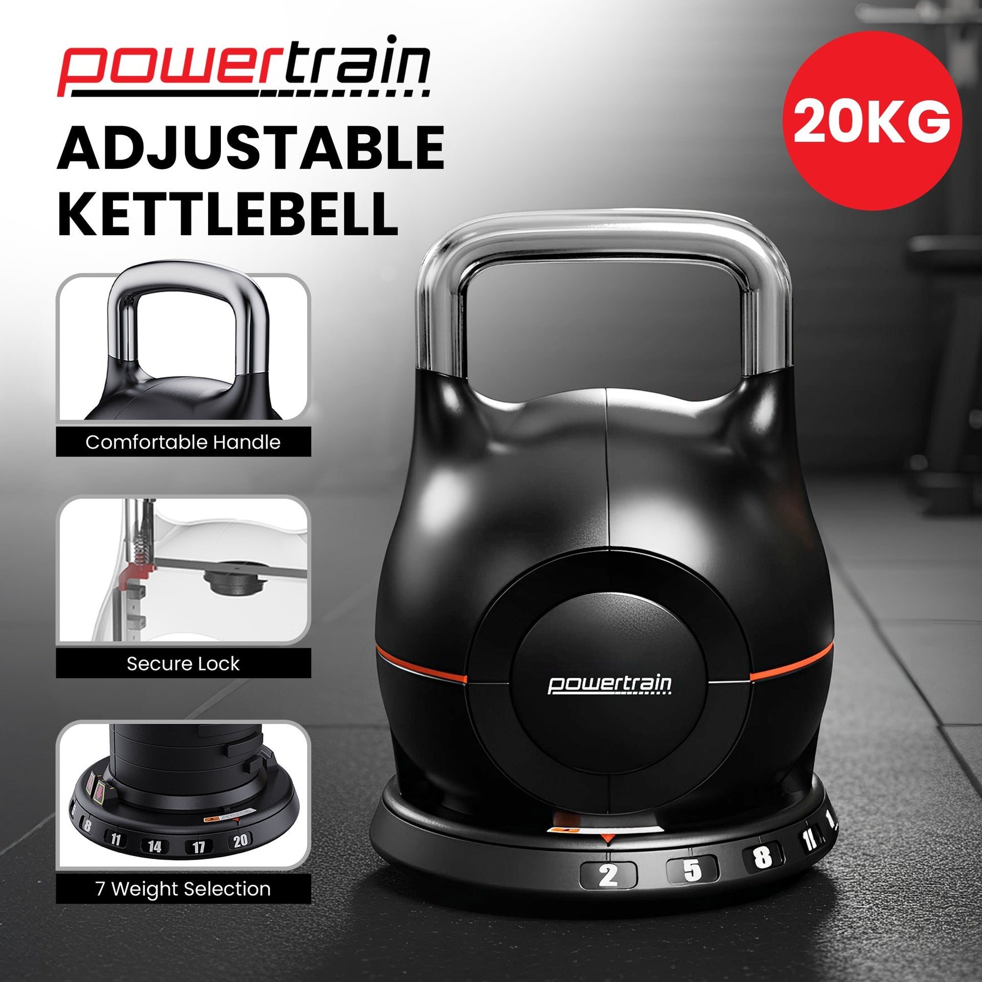 Powertrain Adjustable Kettlebell 20kg 7 in 1 Weight Selection Set w/Quick One Hand Adjustment Secure Locking System Awezingly