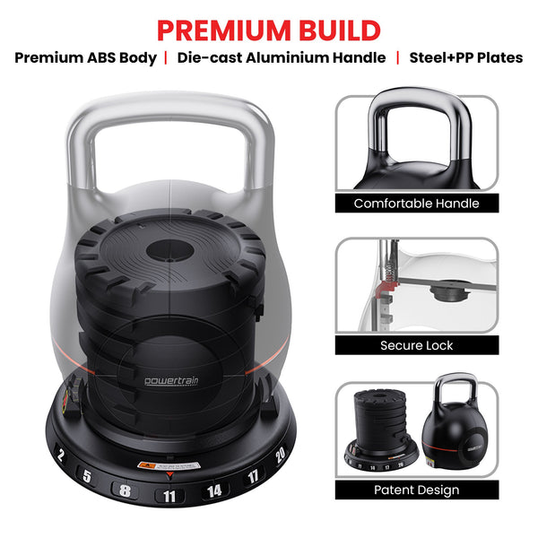 Powertrain Adjustable Kettlebell 20kg 7 in 1 Weight Selection Set w/Quick One Hand Adjustment Secure Locking System Awezingly