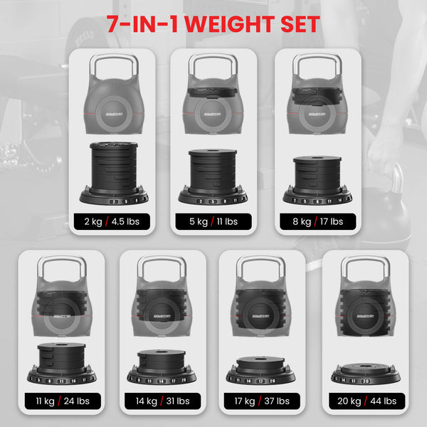 Powertrain Adjustable Kettlebell 20kg 7 in 1 Weight Selection Set w/Quick One Hand Adjustment Secure Locking System Awezingly