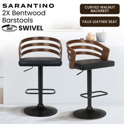 Sarantino Set Of 2 Bentwood Walnut Barstool Adjustable Height Swivel Footrest