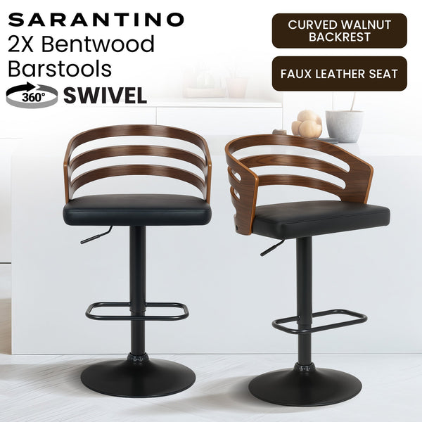Sarantino Set Of 2 Bentwood Walnut Barstool Adjustable Height Swivel Footrest Sarantino