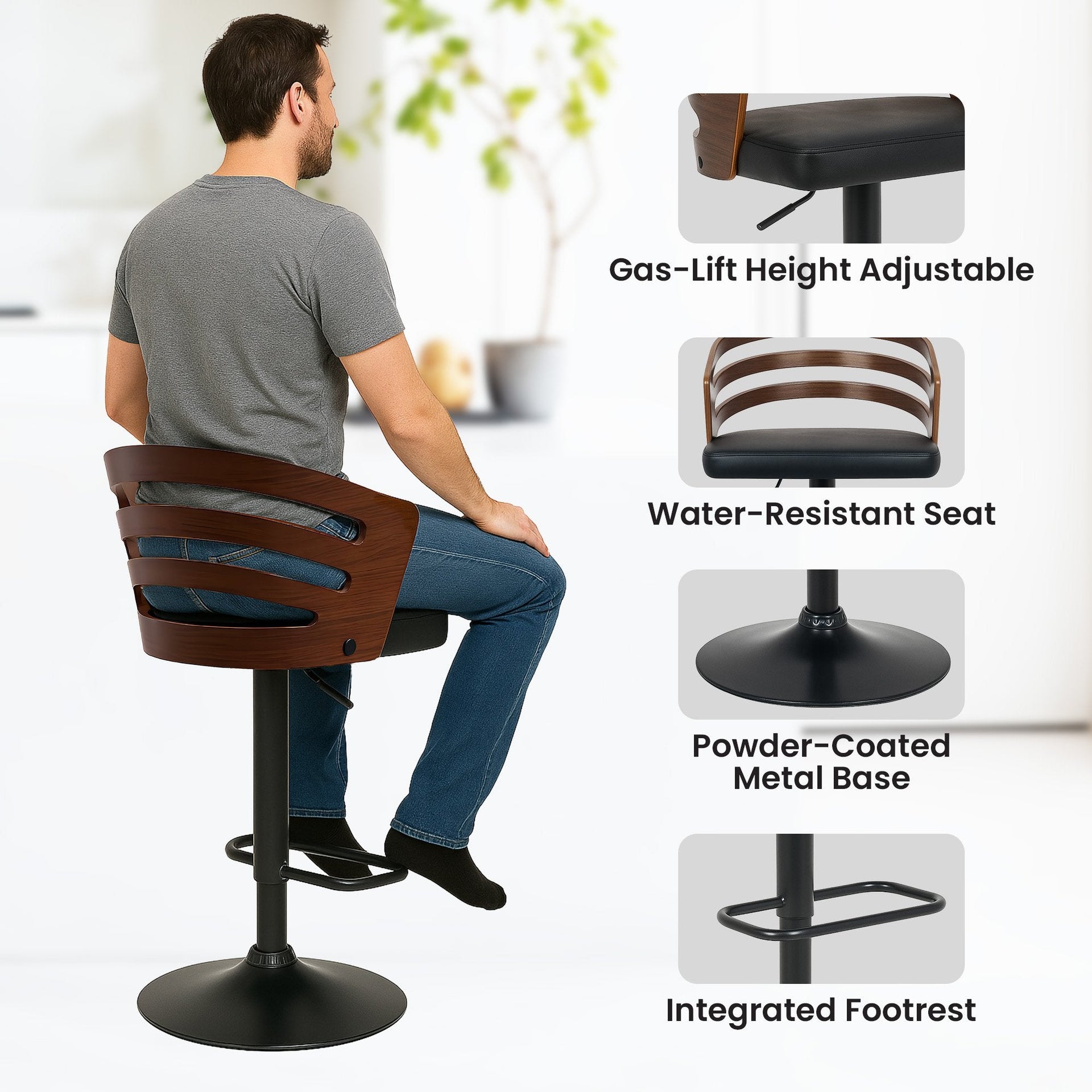 Sarantino Bentwood Walnut Barstool Leather Seat And Metal Base Awezingly
