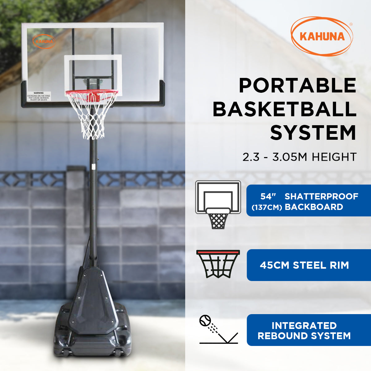 Kahuna Portable Basketball Hoop System 2.3 to 3.05m for Kids & Adults Kahuna
