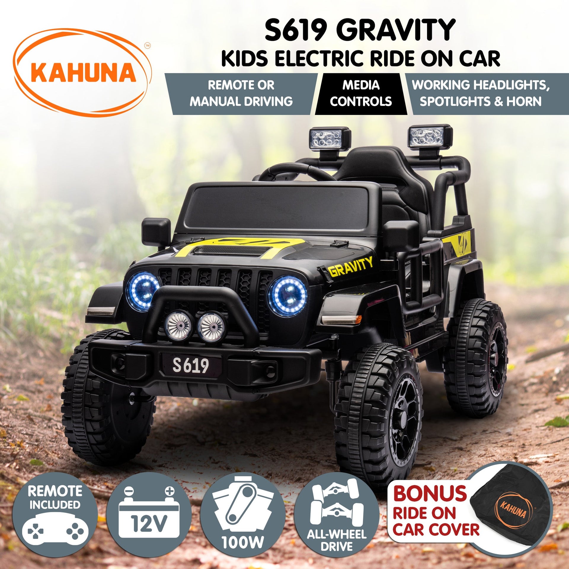 Kahuna S619 Gravity Kids Electric Ride On Car - Black Kahuna